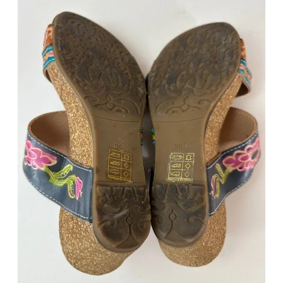 Spring Step L'Artiste Swan Sandals Handpainted Leather Wedge Heel Boho 36 5.5/6 - Picture 9 of 12